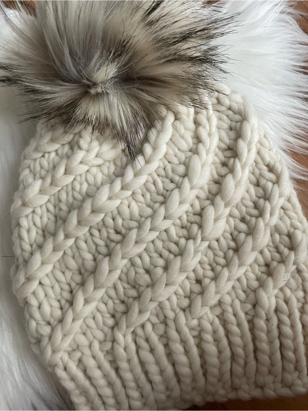 New Hand knitted luxury Pom Beanie - Cream Malabrigo wool super soft women’s S/M